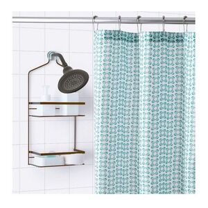 Teal Geometric Shower Curtain Bath Mat Hooks Set